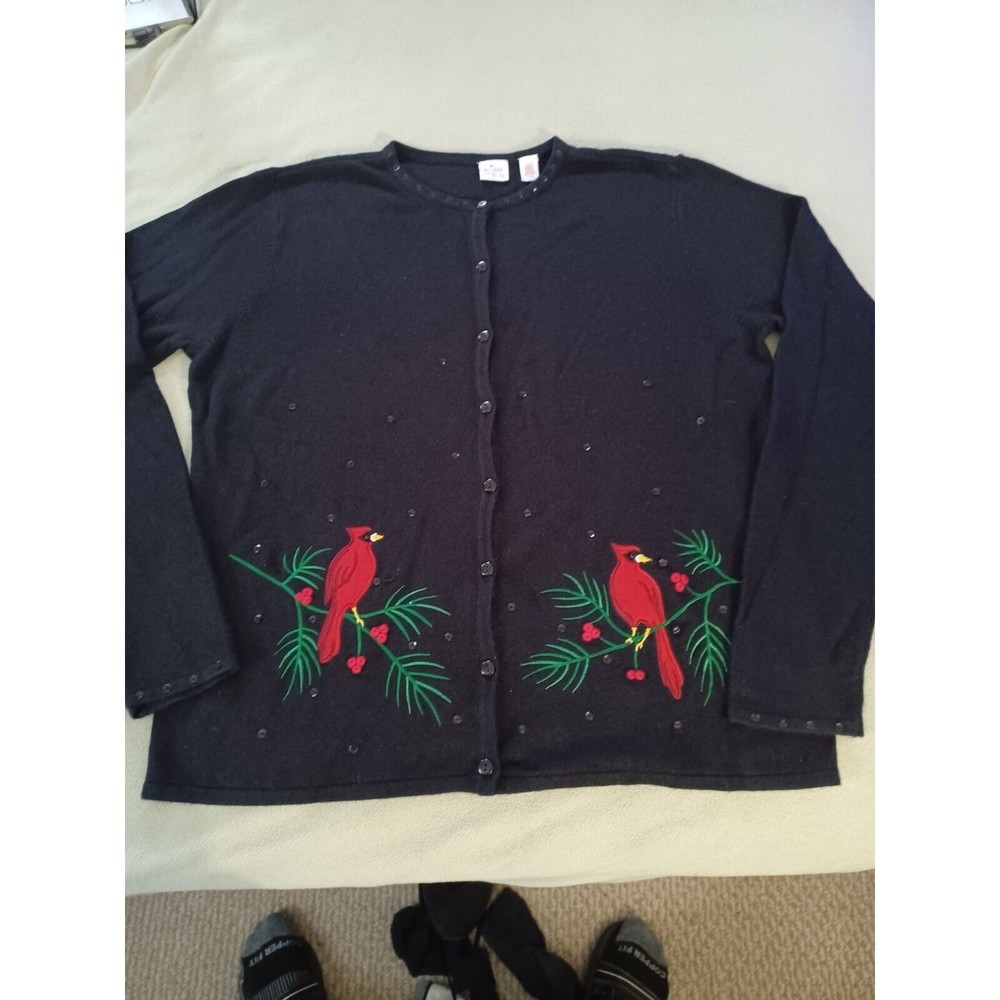 Wish for Joy black button down sweater cardinals embroidery w sequins L Vtg